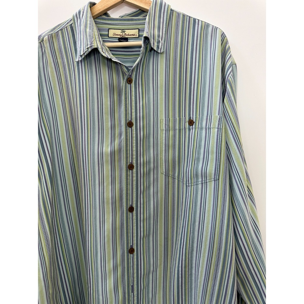 Tommy Bahama 100% Silk LS Striped Button Down Shirt Blue Mens Large Coastal Camp - Picture 4 of 13